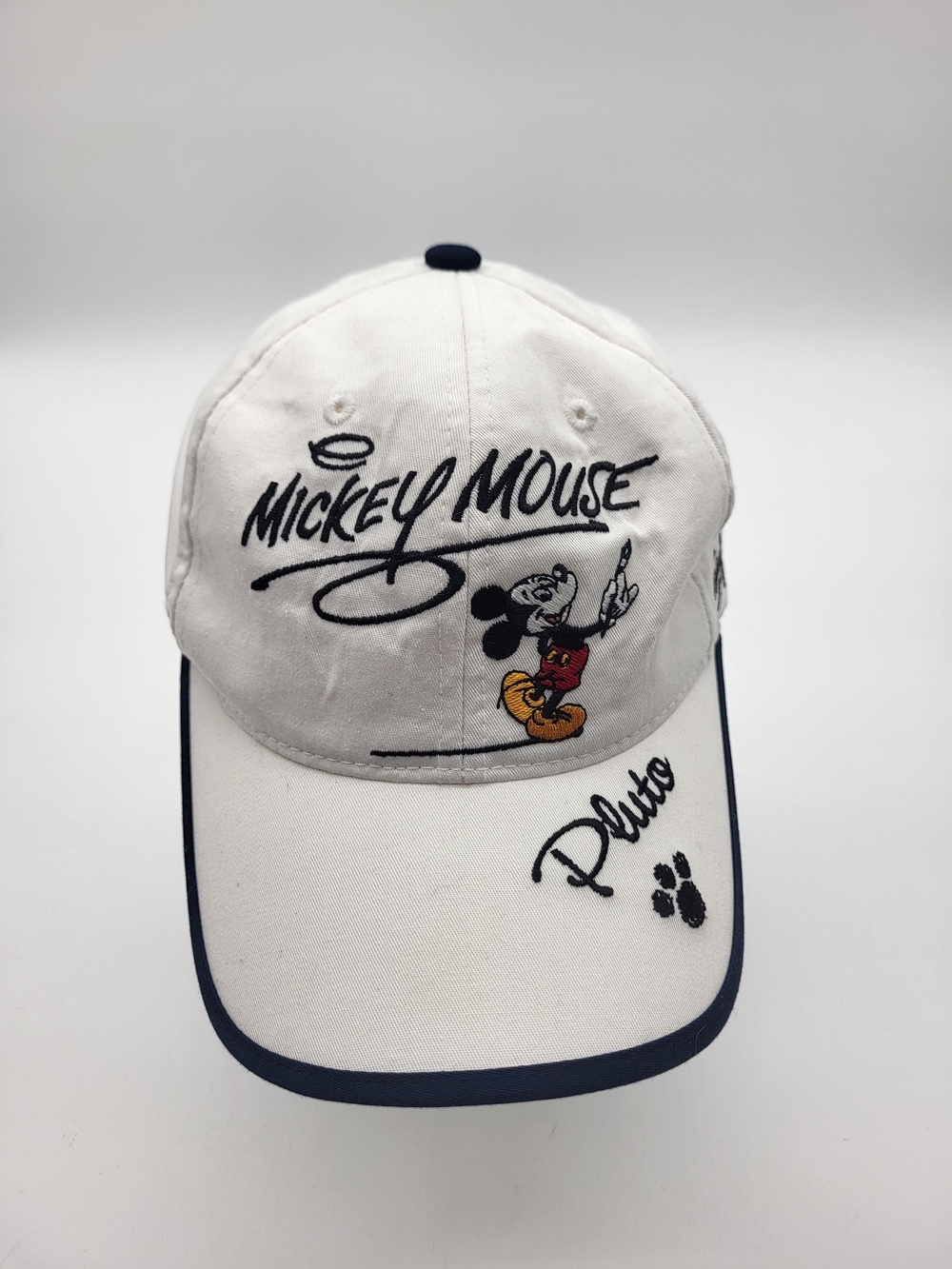 Disney White Mickey Mouse & Pluto Embroidered Baseball Cap with Navy Trim